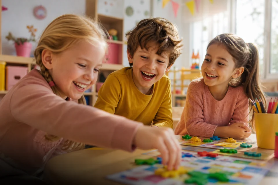 Radosne dzieci podczas zabawy edukacyjnej